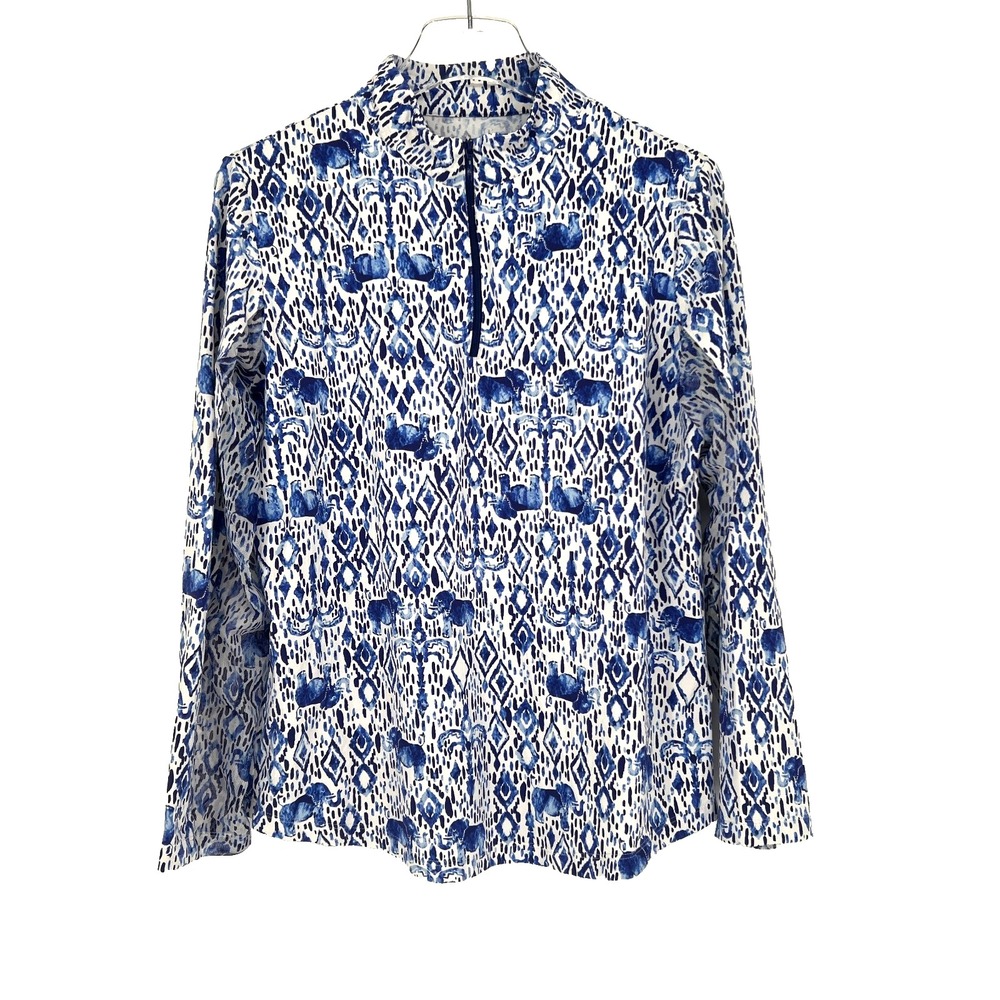 IBKUL Elephant Print Quarter Zip Top Womens L Print UPF 50 Blue Golf Jacket